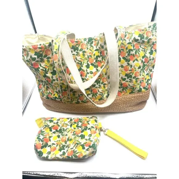 Martha Stuarts The Perfect Tote Citrus Floral Yellow Orange Matching Wrist Purse - Picture 1 of 7